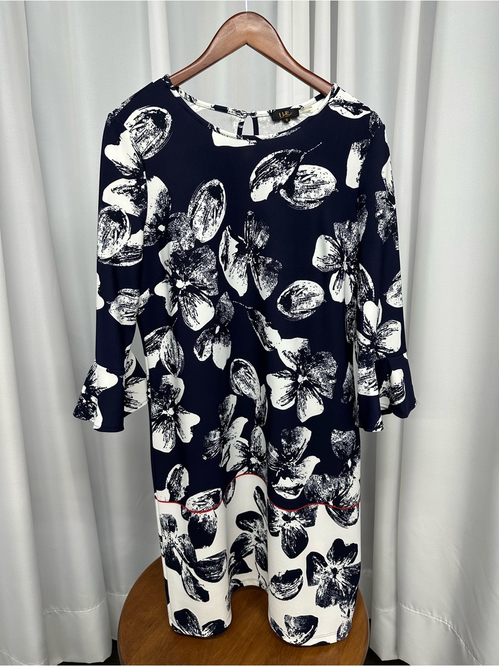 I Le Navy and White Floral Midi Dress with Fluted Sleeves size 16